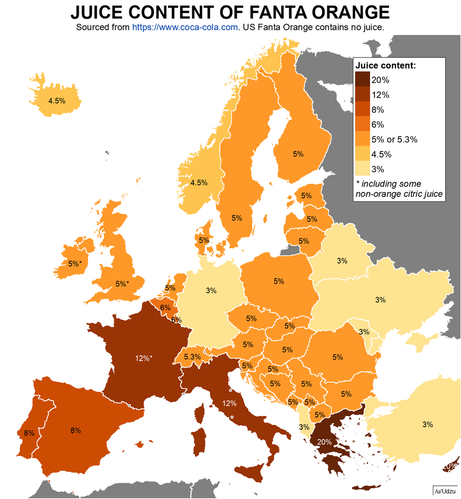 A map of Europe showing the juice content of Fanta Orange in various countries, sourced from Coca-Cola's website. The map uses a gradient color scale to indicate juice percentages. Greece has the highest juice content at 20%, followed by France at 12% and Spain at 8%. Most other countries in Europe have Fanta Orange juice content ranging between 3% and 6%. The map notes that the U.S. Fanta Orange contains no juice.