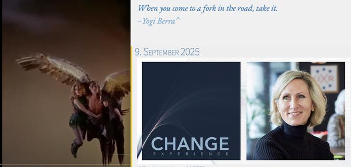 Poster für den uxHH Roundtable am 9.9.2025 zum Thema Change Experience. 
Links fliegt zufällig Barbarella mit einem Centaurus. Oben genau so zufällig das Zitat "When you come to a fork in the road, take it."–Yogi Berra