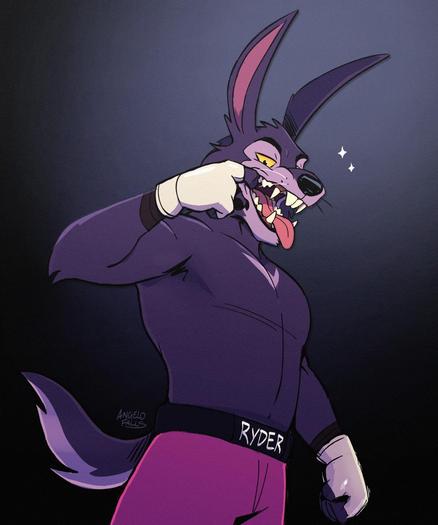A drawing of Randy (they/he), an anthropomorphic Wolf Rabbit hybrid with an athletic body wearing MMA gloves and shorts. They have one finger in their mouth pulling it the corner of it to show off their buck tooth and sharp canine teeth while looking down at the viewer.