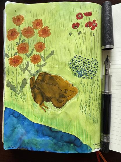 Sketch in sketchbook of a toad next to a pond and amidst some flowers