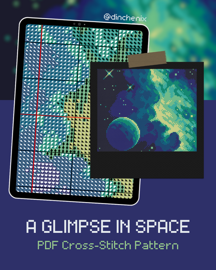 preview graphic showing part of the cross stitch pattern displayed on an tablet and the full artwork on a polaroid, plus the title that reads A Glimpse in Space, PDF cross-stitch pattern