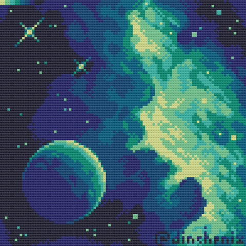 digital preview of the "A Glimpse in Space" artwork as cross-stitch, the artwork is a scene in space in blue and green hues, showing a planet, a nebula behind it and stars surrounding it