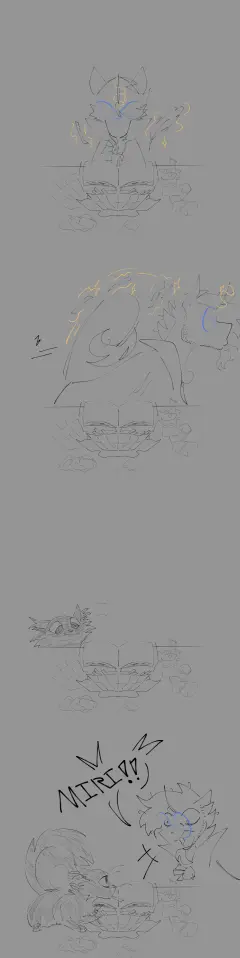 A part of a Sunburst comic. 

First panel: Sunburst sits eating fries and holding a quill.

Second panel: He gets up and walks away while eating fries.

Third panel: A black cat with big eyes peers over the desk.

Fourth panel: Sunburst finds the cat on his desk eating his fries, and he yells, "MIRI!"