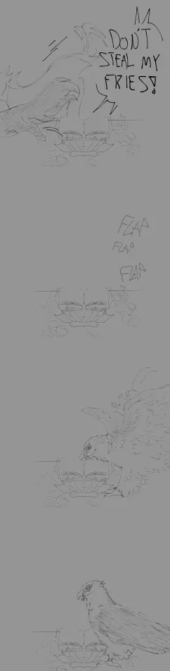 A part of a Sunburst comic.

Panel one: Sunburst chases the black cat off of his desk while yelling, "DON'T STEAL MY FRIES!"

Panel two: Some flapping is heard near Sunburst's desk.

Panel three: A bearded vulture lands on Sunburst's desk.

Panel four: The bearded vulture looks down at the fries on Sunburst's desk.