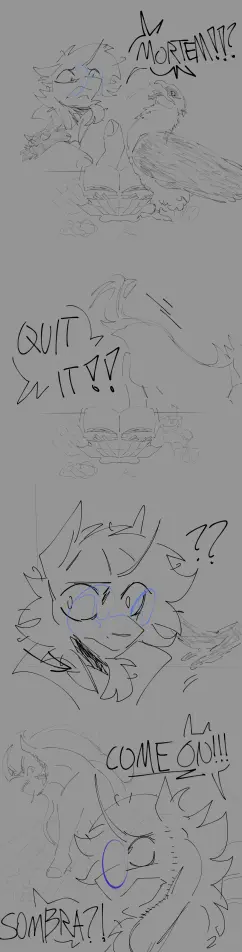 A part of a Sunburst comic.

Panel one: Sunburst catches the bearded vulture eating his fries while holding the cat in his arms. He yells at the bird, "MORTEM?!"

Panel two: He chased the bird off of his desk, yelling, "QUIT IT!"

Panel three: Sunburst looks to the side while the cat runs off, presumably toward his desk.

Panel four: King Sombra is up on his desk eating his fries, and Sunburst yells, "SOMBRA?! COME ON!"