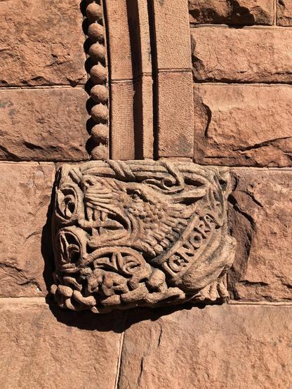 Color photo of a relief sculpture - carved in reddish sandstone - depicting the head of a growling wolf which wears a collar that reads “IGNORANCE”
