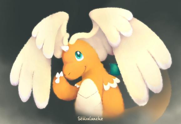 A digital drawing of a Pokemon Mega Dragonite drawn by Seavalanche. It's a halfbody of the Mega Dragonite raising its right paw to the side of its head and smiling.