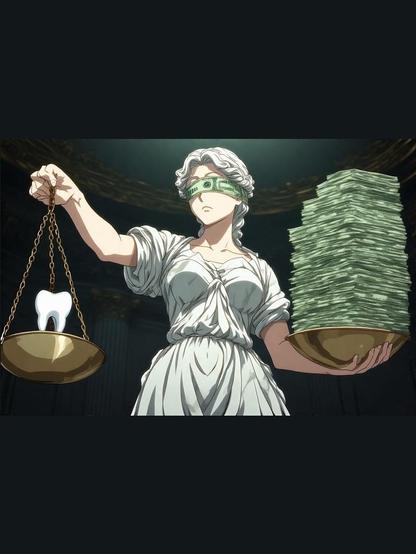 Zkorumpovaná socha Justice se zubem