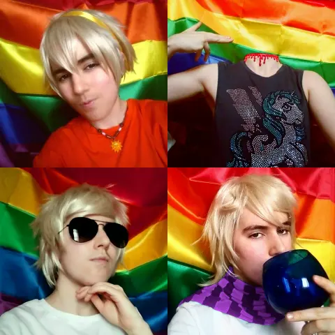 Four pics of me in blonde wigs except for one where I literally don't have a head. In the first one i'm cosplaying Rose Lalonde with a shiny yellow headband, an orange t-shirt and a sun necklace. In the next one I'm Dirk, without my head, with a fake blood choker. And I'm making a finger gun pointed at the place my head should be. Next one, I'm Dave. Just the glasses and a white shirt that you can't see but has Miranda from The Devil Wears Prada because I bought it the same day as the glasses. Oh, those are women's glasses in case you remember that stupid dialogue. In the last one I'm Roxy, with the round shape in my wig and the purple neck thingie and like I'm drinking from a blue cup.