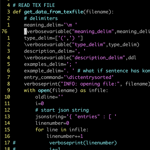 some code of reading a tex file and defining delimiters for different word categories. I'm confused and mix latex and python3 together and add latex syntax to python3 code
