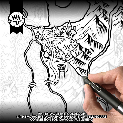 Closeup of a map of Feyland being inked by hand using a graphic tablet and Clip Studio Paint.