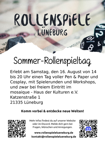 Oben im Bild der Schriftzug von Rollenspiele Lüneburg umgeben von Würfeln, darunter die Informationen und QR-Codes vom Event und von Rollenspiele Lüneburg.