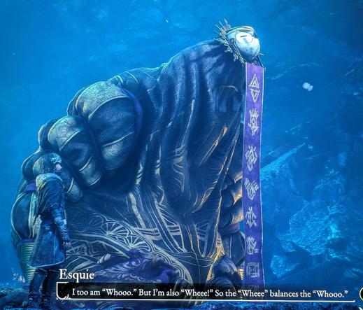 Screengrab of the videogame "Clair Obscure: Expedition 33", where a giant fantastic creature sits looking up at the sky. The subtitles read "Esquie: I too am «Whooo.» But I'm also «Wheee!» So the «Wheee» balances the «Whooo»"