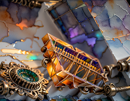 Macro-like close up of intricate tiny metallic parts with gold and copper tones, over a bokeh backdrop in purples, blues, and oranges. Watercolor style.