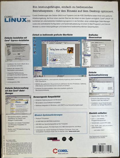 The image features the back cover of a software package for Corel Linux OS, highlighting its user-friendly features, installation process, and system requirements. There are descriptions of graphical interfaces, file management, compatibility with Windows, and included software tools. Various images