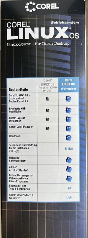 A box for Corel Linux OS, featuring the text "LINUX Power – für Ihren Desktop" and a list of components included, such as the operating system based on Debian Kernel 2.2, KDE interface, file manager, and applications like