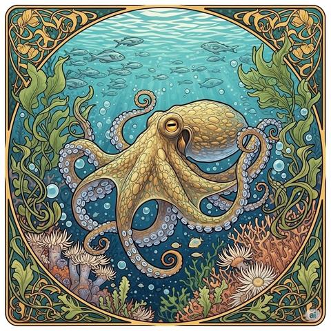 An AI-generated Art Nouveau painting of an octopus in a richly detailed underwater setting.