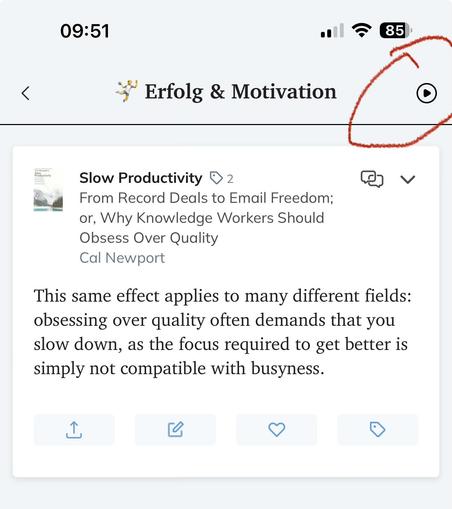 Oben rechts in Readwise ist ein unscheinbares Play-Icon.
