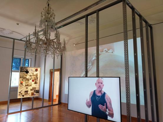 We see an video installation of the German artist Nadine Fecht. A big video screen shows a man with many tattoos. The video is mounted on a metal frame, in the background details of the tattoos are beamed onto the wall. A chandelier hangs from the ceiling