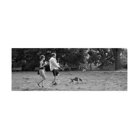 Photo of a couple walking their dog at a park in DC.