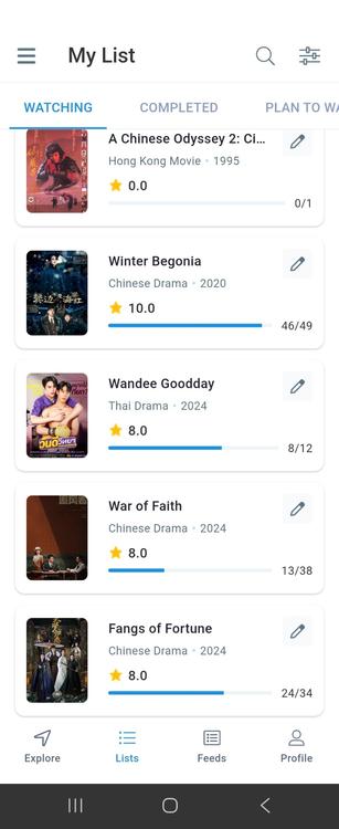 Screenshot of my Watching list on MyDramaList app.

A Chinese Odyssey 2, Hong Kong movie from 1995.
Winter Begonia, 2020 cdrama, 46/49 episodes, 10/10 stars.
Wandee Goodday, 2024 Thai drama, 8/12 episodes, 8/10 stars
War of Faith, 2024 cdrama, 13/38 episodes, 8/10 stars.
Fangs of Fortune, 2024 cdrama, 24/34 episodes, 8/10 stars.