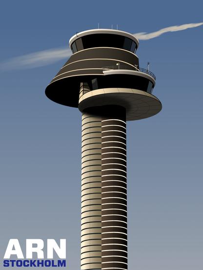 Vector drawing of the futuristic looking air traffic control tower at Arlanda airport outside Stockholm. Warm tones on a bright summer's day.