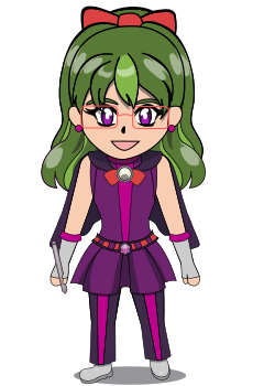 A chibi overworld “sprite” of Piroska (PDP-11 series). She has shoulder-length dark green hair with lighter green streaks in a big 1970’s-inspired hairstyle, has purple eyes, wears simple red earrings, a large red bow in her hair. She wears red rectangular glasses, and wears a 1970’s Space Age style sleeveless purple minidress that has a magenta stripe down the middle with a red and purple belt. She wears a darker purple cape that has a red bowtie with a circular brooch pinned to it. Her belt buckle has a DECtape hub “flower” shape on it, and she wears dark purple bell bottoms with magenta stripes running down the middle with silver fingerless gloves, and silver boots.