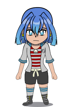 A chibi overworld “sprite” of Valencia (VAX/VMS). She has chin-length light royal blue hair with peaked bangs that reach the same length and has sky blue eyes; the middle and the peaks of her bangs have a sky blue gradient at the tips. She wears star-shaped earrings and her combat boots also have star motifs on them. She wears a gray and red striped shirt under a gray and blue sailor-style jacket. Her shirt has a round brooch pinned to it. Her jacket has a metal pin with the DECtape hub “flower” carved in it. She wears a light yellow tied belt with black shorts, long socks that match her jacket, and black combat boots.