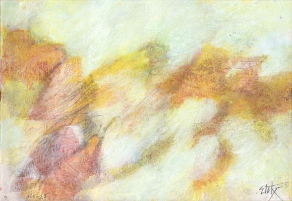 Peinture abstraite au format paysage; arcs et formes pleines, légèrement de biais, rouges et oranges sur un fond jaune pâle
