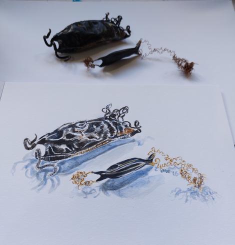 Watercolour painting of a black 'mermaid's purse' in front of the 'mermaid's purse'