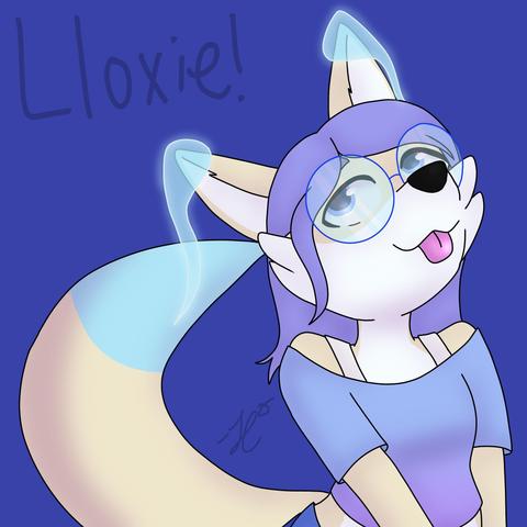 A portrait of Lloxie the phasefox smiling and poking their tongue out playfully.