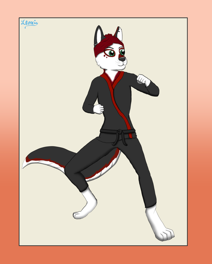 Gaikotsu the wolfdog in a sparring stance, wearing her martial arts outfit.