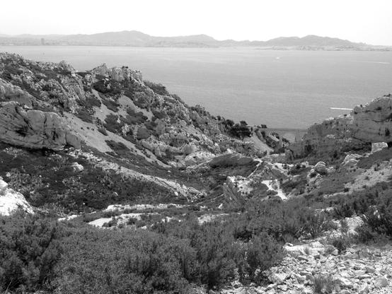Calanque of Niolon seen from the hills. (Version françæ) Calanque de Niolon vux dal colline.