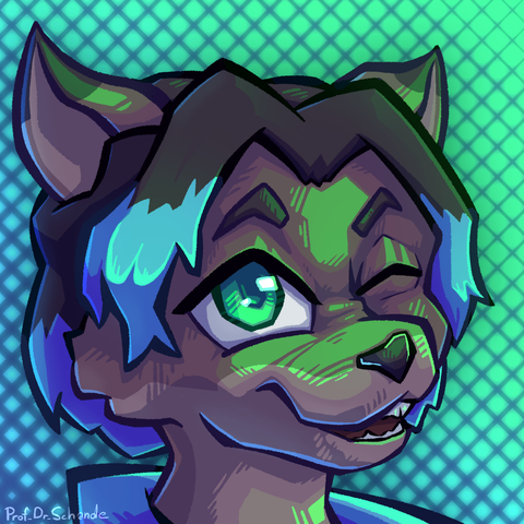 A headshot of Wysq the otter, winking and smiling at the viewer, drawn by Prof_Dr_Schande.