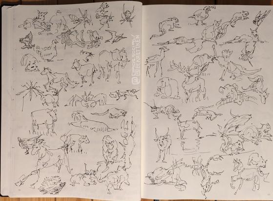 Black Fineliner on paper

Many quick sketches of different animals, often drawn in few lines