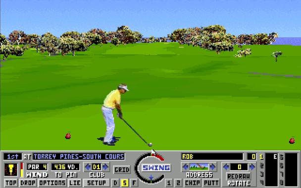 In game screenshot from DOS game 'Links - The Challenge of Golf'. A golfer stands ready to tee off in front a long fairway.