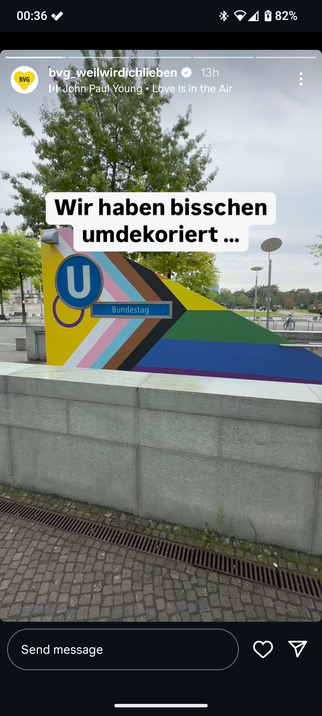 Screenshot of an Instagram story showing the Bundestag Station sign covered in a pride flag