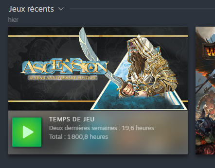 La vignette de la version Steam du jeu de cartes Ascension, avec mon temps de jeu total qui vient de dépasser 1 800 heures.