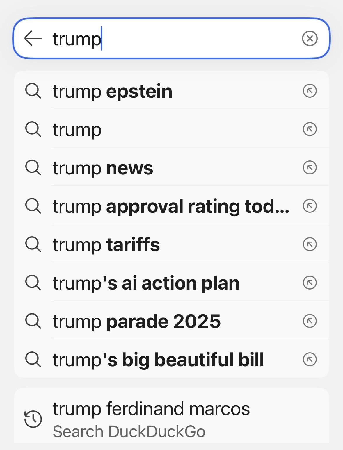 A search for Trump on duck duck go shows "Trump Epstein" as the top result