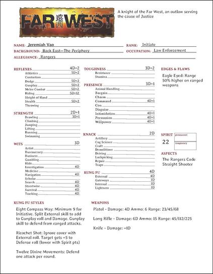 Character sheet for the Far West RPG.