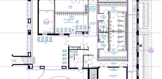 Screenshot from an architectural building plan, showing several rooms. One is labelled as bicycle parking, while nearby are two other rooms with lockers, showers and changing cubicles.