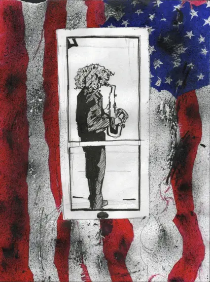 A person facing the back of the viewer, playing saxophone through a window. A tattered american flag in the background.