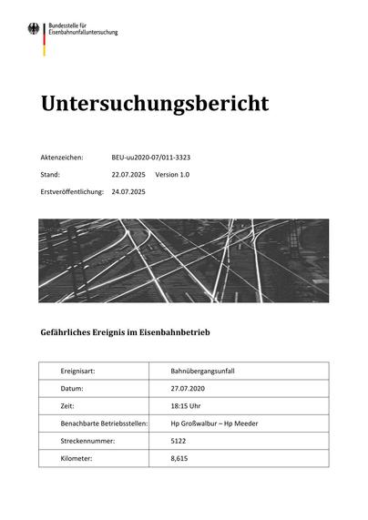 Untersuchungsbericht
Aktenzeichen:

BEU-uu2020-07/011-3323

Stand:

22.07.2025

Erstveröﬀentlichung:

24.07.2025

Version 1.0

Gefährliches Ereignis im Eisenbahnbetrieb

Ereignisart:

Bahnübergangsunfall

Datum:

27.07.2020

Zeit:

18:15 Uhr

Benachbarte Betriebsstellen:

Hp Großwalbur – Hp Meeder

Streckennummer:

5122

Kilometer:

8,615