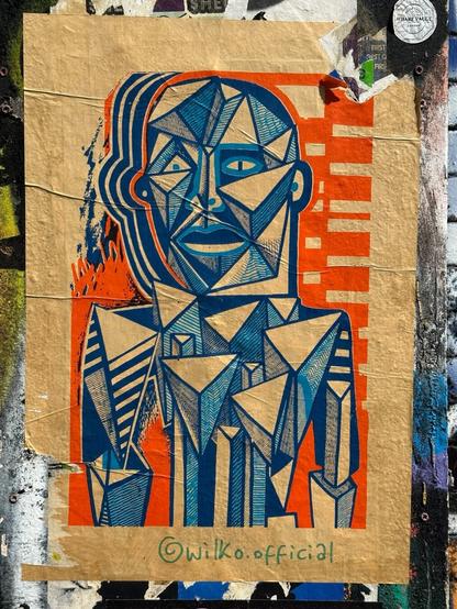 a paste-up of a human bust constructed from geometric shapes, in red and blue on mustard-yellow