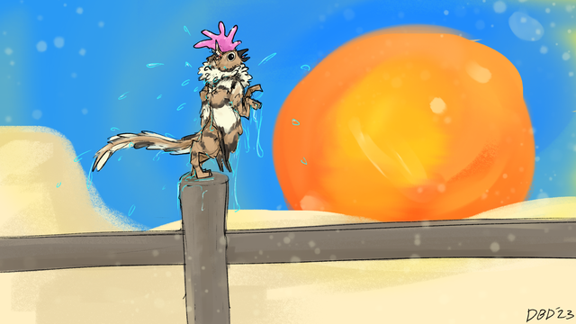 Sponge, a sand cat plus sandgrouse gryphon, standing on a fence with a coxcomb on summoning the sun over the deserts of Crestfall. Art by Pebbles.