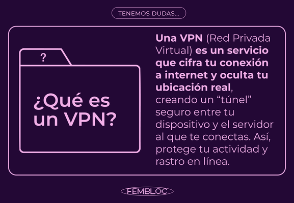 Esta gráfica lleva un diseño de caja de texto y la forma de una carpeta o file con el título: 'Tenemos dudas...' Al lado derecho, dentro de la carpeta se encuentra una pregunta: ¿Qué es un VPN? al lado izquierdo se responde: Un VPN es un servicio que cifra tu conexión a Internet y oculta tu ubicación real, creando un "túnel" seguro entre tu dispositivo y el servidor al que te conectas. Así protege tu actividad y rastro en línea. En la parte inferior de la gráfica se encuentra el logo de Fembloc, línea de Atención y suporte frente a las violencias machistas digitales.
