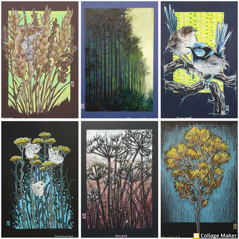 A photo collage of some of my artwork on dark papers:
A harvest mouse with wheat, a forest landscape, two superb fairy wrens, cabbage white butterflies, silhouettes of cow parsley flowers and a golden autumn tree.