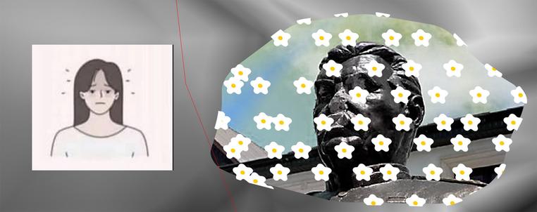 Коллаж из двух картинок: клип-артовского рисунка фимейл в сложном психическом состоянии — с мухами, роящимися вокруг головы, — и повреждённого памятника господину Сталину (у диктатора отбит нос). Памятник то ли украшен, то ли занойзан одинаковыми клип-артовскими минималистическими ромашками. Одна картинка взята из ленты «Федивёрса», другая — из новостей дня. // A collage of two images: a clip-art drawing of a female in a difficult mental state — with flies swarming around her head — and a damaged monument to Mr. Stalin (the dictator's nose is broken). The monument is either decorated or noised with identical clip-art minimalist daisies. One image is taken from the Fediverse feed, the other from the news of the day. // © unknown authors of the source images