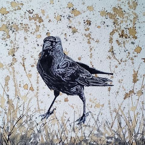Painting of a corvid looking at the viewer. The background is slightly abstract representin grasses and in natural colours of beige/brown