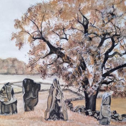 Painting of a tree with three standing stones to the left and one to the right. The tree is in leaf, they are brown/orange. Behind are fields and a distant row of trees